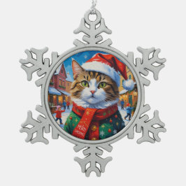 サンタの帽子をかぶったクリスマスの猫 スノーフレークピューターオーナメント
