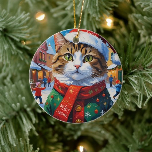 サンタの帽子をかぶったクリスマスの猫 セラミックオーナメント (ツリー)