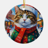 サンタの帽子をかぶったクリスマスの猫 セラミックオーナメント (正面)