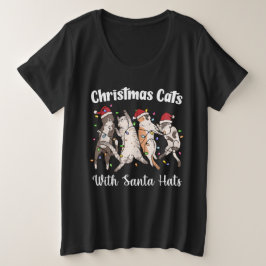 サンタの帽子をかぶったクリスマスの猫 可愛い おもしろい ホリデー プラスサイズTシャツ