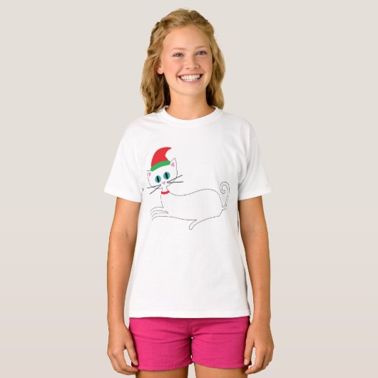 サンタの帽子をかぶったクリスマスの猫 Tシャツ (正面フル)