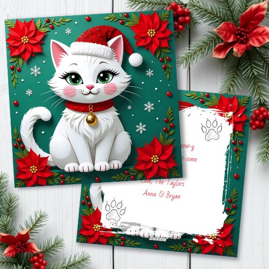 サンタの帽子をかぶったクリスマスの白猫 シーズンカード