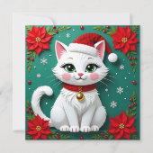 サンタの帽子をかぶったクリスマスの白猫 シーズンカード (正面)
