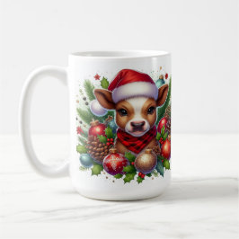 サンタの帽子をかぶったクリスマスの装飾に囲まれた子牛 コーヒーマグカップ