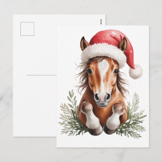 サンタの帽子をかぶったクリスマスの馬 シーズンポストカード (正面/裏面)
