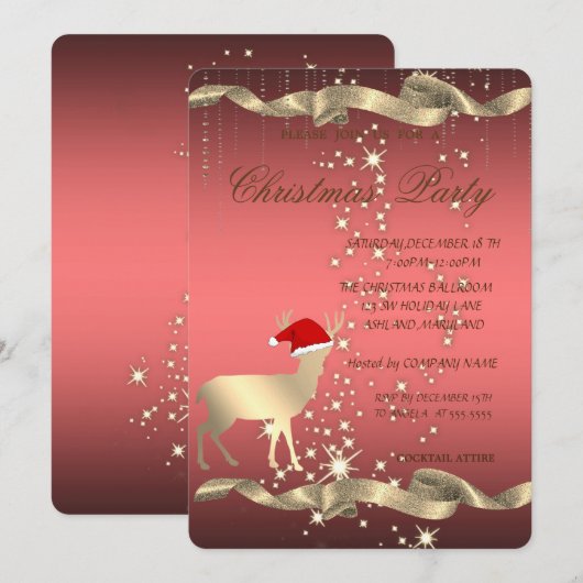 サンタの帽子をかぶったクリスマスの鹿,クリスマスパーティー 招待状 (正面/裏面)
