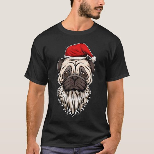 サンタの帽子をかぶったクリスマスビアードパグ Tシャツ (正面)