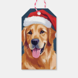 サンタの帽子をかぶったゴールデンレトリバー | クリスマスの犬 ギフトタグ