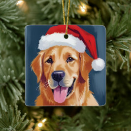 サンタの帽子をかぶったゴールデンレトリバー クリスマス セラミックオーナメント