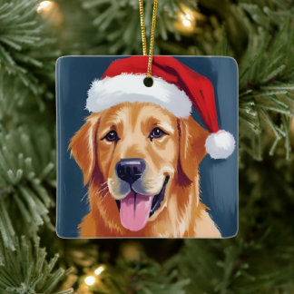 サンタの帽子をかぶったゴールデンレトリバー クリスマス セラミックオーナメント