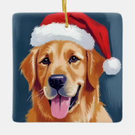 サンタの帽子をかぶったゴールデンレトリバー クリスマス セラミックオーナメント
