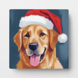 サンタの帽子をかぶったゴールデンレトリバー クリスマス フォトプラーク