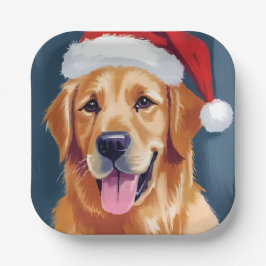 サンタの帽子をかぶったゴールデンレトリバー クリスマス ペーパープレート