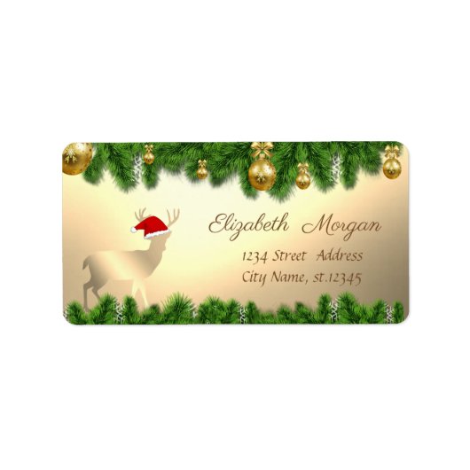 サンタの帽子をかぶったシカとクリスマスツリーの枝 ラベル (正面)