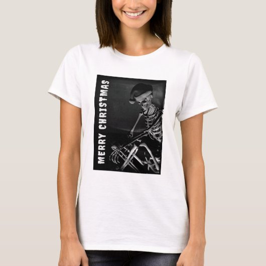 サンタの帽子をかぶったスケルトンのメリークリスマス Tシャツ (正面)