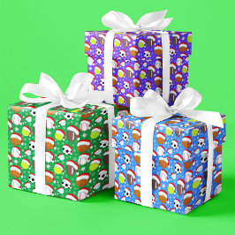 サンタの帽子をかぶったスポーツボール クリスマスパターン ラッピングペーパーシート