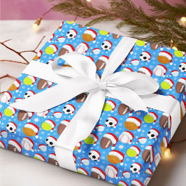 サンタの帽子をかぶったスポーツボール クリスマスブルー ラッピングペーパー