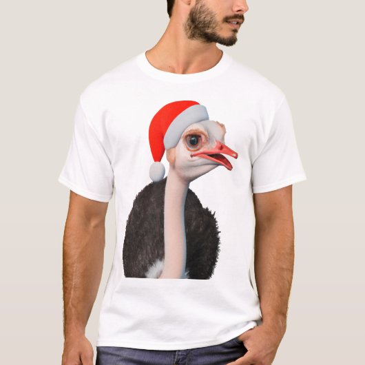 サンタの帽子をかぶったダチョウのクリスマスデザイン Tシャツ (正面)