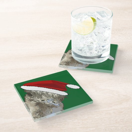 サンタの帽子をかぶったダチョウのクリスマス動物 ガラスコースター (アングル)