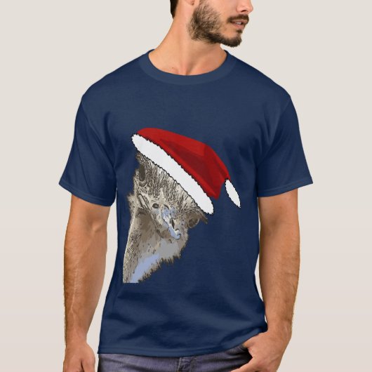 サンタの帽子をかぶったダチョウのクリスマス動物 Tシャツ (正面)