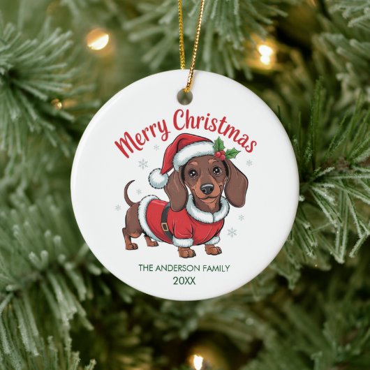 サンタの帽子をかぶったダックスフントのクリスマスパーソナライズデザイン セラミックオーナメント (ツリー)