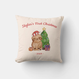 サンタの帽子をかぶったナマケモノの赤ちゃんの初めてのクリスマス クッション