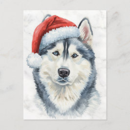 サンタの帽子をかぶったハスキーの水彩クリスマス シーズンポストカード