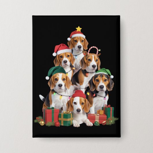 サンタの帽子をかぶったビーグル犬のクリスマスツリー ビーグル犬のママのためのギフト 缶バッジ (正面)