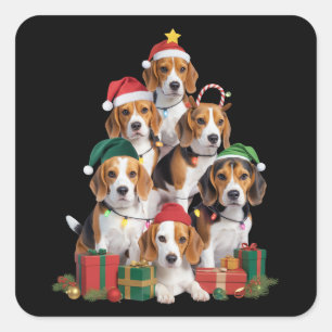 サンタの帽子をかぶったビーグル犬のクリスマスツリー ビーグル犬のママのためのデザイン スクエアシール
