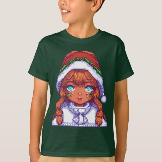 サンタの帽子をかぶったピクセルアートの女の子 Tシャツ (正面)