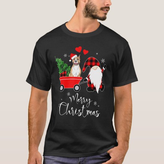 サンタの帽子をかぶったピットブル・テリアのクリスマス Tシャツ (正面)