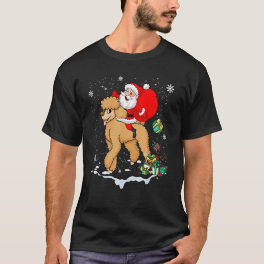 サンタの帽子をかぶったプードル犬 クリスマスパーティー Tシャツ (正面)