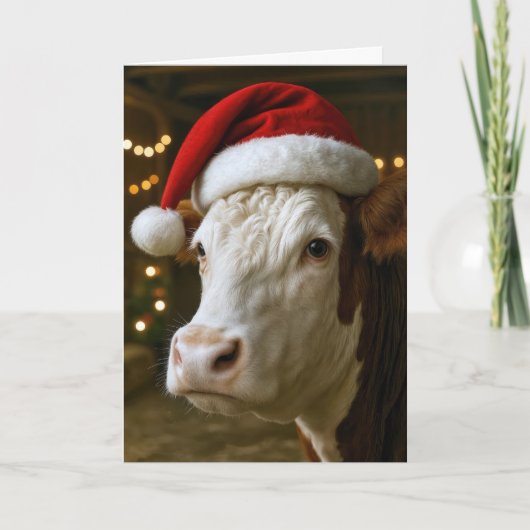 サンタの帽子をかぶったヘレフォード種のクリスマスの牛 カード (正面)