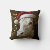 サンタの帽子をかぶったヘレフォード種のクリスマスコウ クッション (正面)