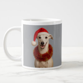 サンタの帽子をかぶったホワイト・ウィペット クリスマス ジャンボコーヒーマグカップ