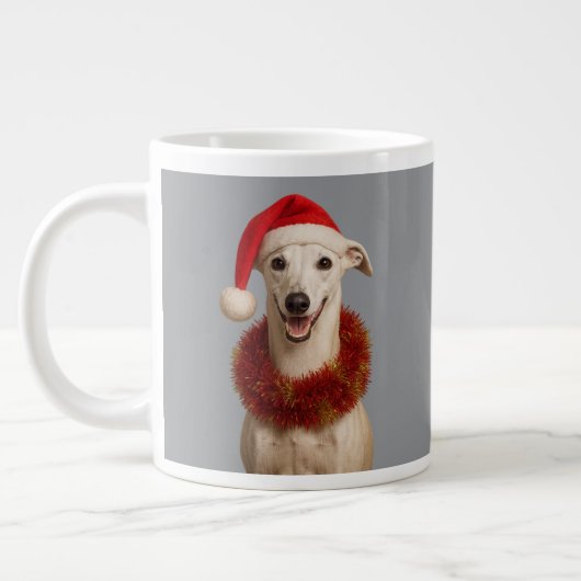 サンタの帽子をかぶったホワイト・ウィペット クリスマス ジャンボコーヒーマグカップ (左)