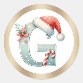 サンタの帽子をかぶったモノグラムのGの文字のクリスマスステッカー ラウンドシール