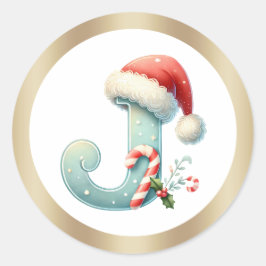 サンタの帽子をかぶったモノグラムのJの文字のクリスマスステッカー ラウンドシール