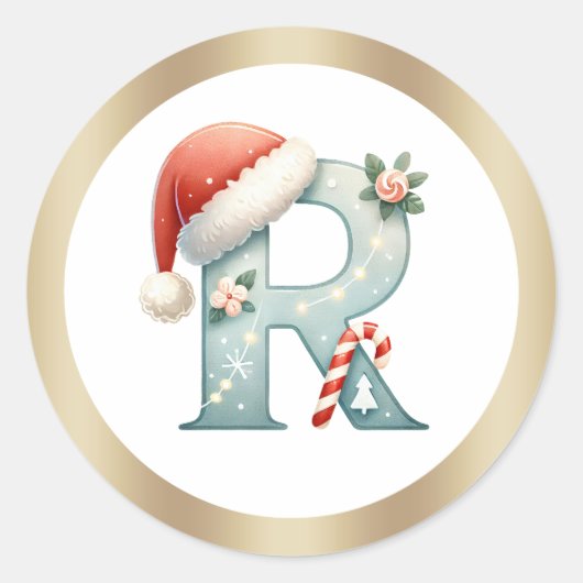 サンタの帽子をかぶったモノグラムのRの文字 クリスマス ステッカー (正面)