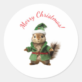 サンタの帽子をかぶったリス クリスマスステッカー ラウンドシール