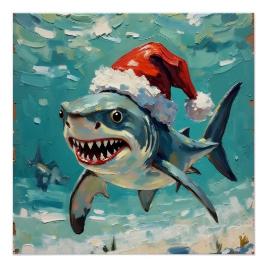 サンタの帽子をかぶったヴィンテージのサメのクリスマスアート ポスター (正面)