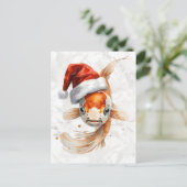 サンタの帽子をかぶった優雅な鯉の水彩画 シーズンポストカード (スタンド正面)