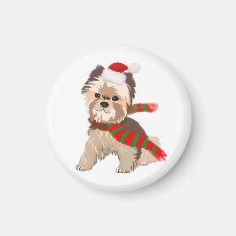 サンタの帽子をかぶった可愛いクリスマスのヨーキーマグネット マグネット