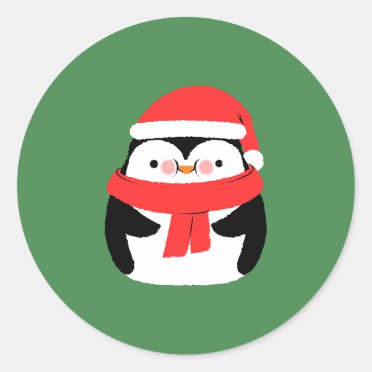 サンタの帽子をかぶった可愛いクリスマスペンギンのカスタム ラウンドシール (正面)