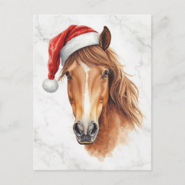 サンタの帽子をかぶった威厳ある馬の水彩画 シーズンポストカード