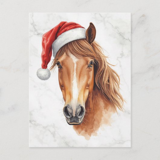 サンタの帽子をかぶった威厳ある馬の水彩画 シーズンポストカード (正面)