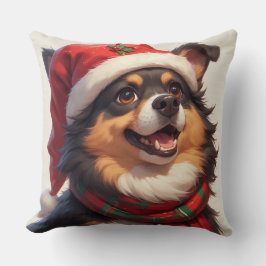 サンタの帽子をかぶった幸せなクリスマスの犬の肖像画 クッション