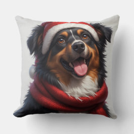 サンタの帽子をかぶった幸せなクリスマスの犬の肖像 クッション