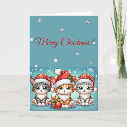 サンタの帽子をかぶった愛らしいかわいい子猫たち クリスマス カード (正面)