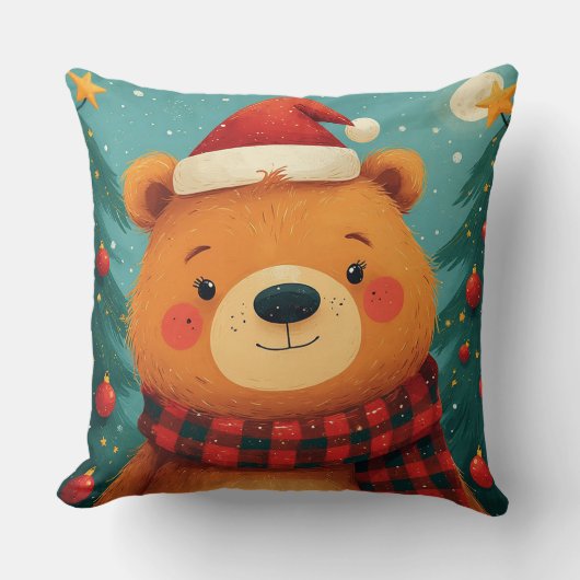 サンタの帽子をかぶった愛らしいクリスマスベア クッション (正面)